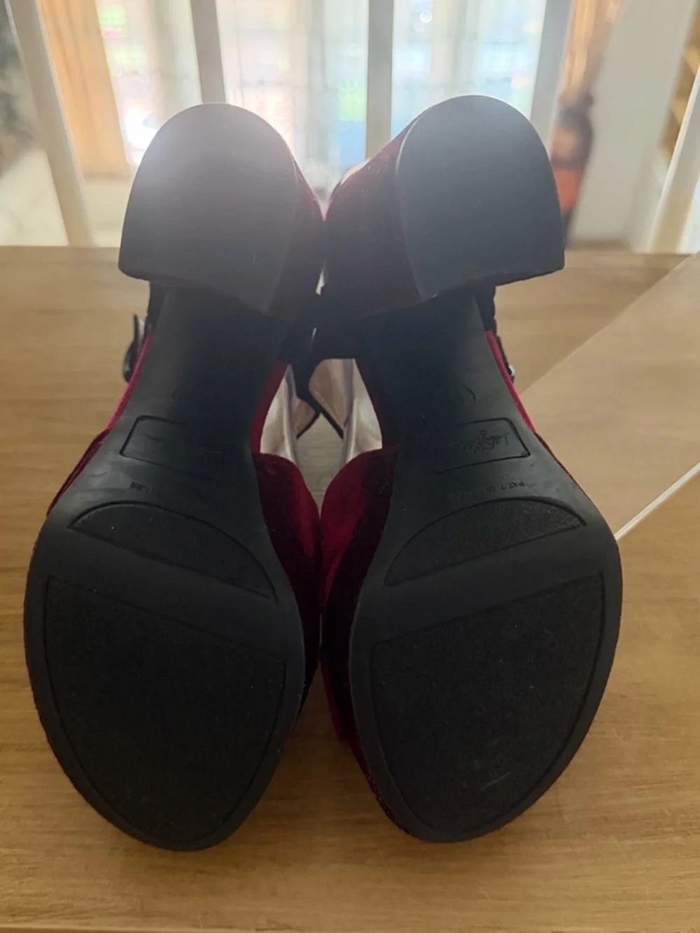 Libby. edelman Burgundy and Black Velvet Platform Block Heel Sandals - Picture 12 of 16